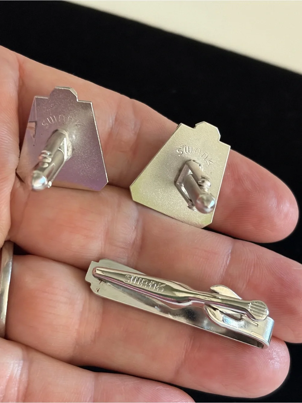 SWANK Silver Tone Cufflinks and Tie Clip with Rectangular Clear Stones